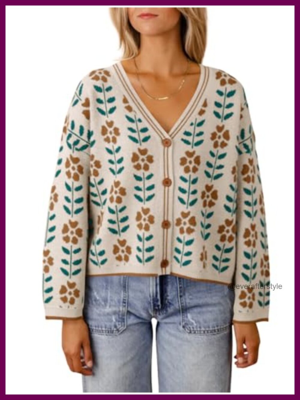 Floral Print V-Neck Button Down Knit Cardigan Long Sleeve Loose Fit Sweater
